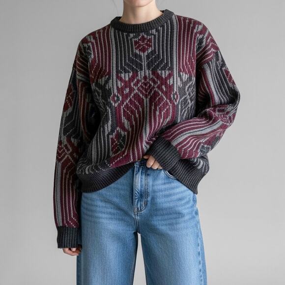 Vintage 80s Jacquard Sweater Grandpacore Dark Academia Art Deco Geometric Knit L - Picture 1 of 10